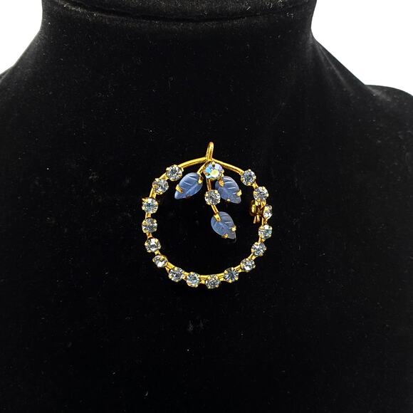 Vintage Blue Rhinestone Circle Brooch & Pendant Frosted Glass Leaves MCM 1960s - Picture 3 of 10